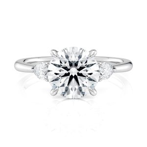 Platinum Three Stone Pear Diamond Engagement Ring-Sits Flush With A Wedding Band