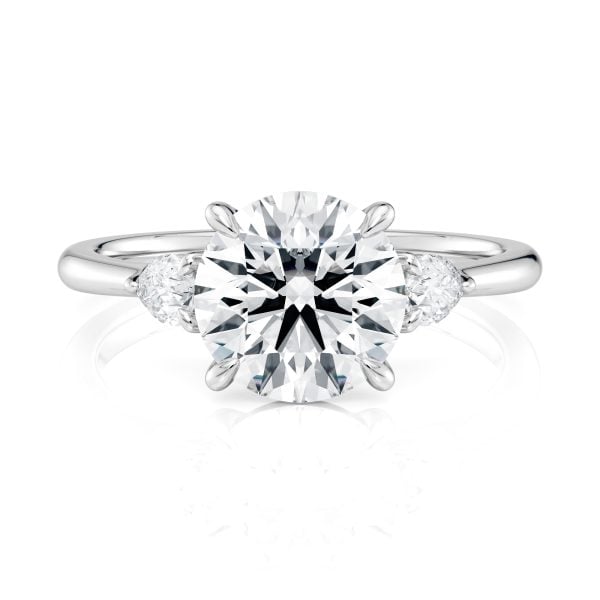 18K White Gold Three Stone Pear Diamond Engagement Ring-Sits Flush With A Wedding Band