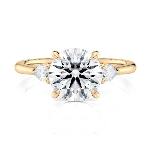 18K Yellow Gold Three Stone Pear Diamond Engagement Ring-Sits Flush With A Wedding Band