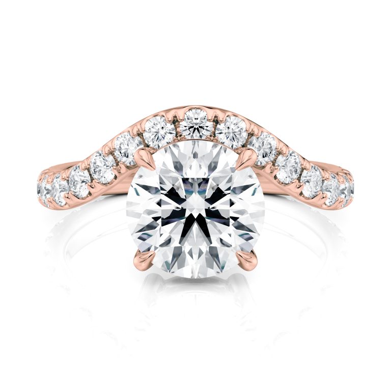14k rose gold natural waves pave engagement ring with round shape diamond