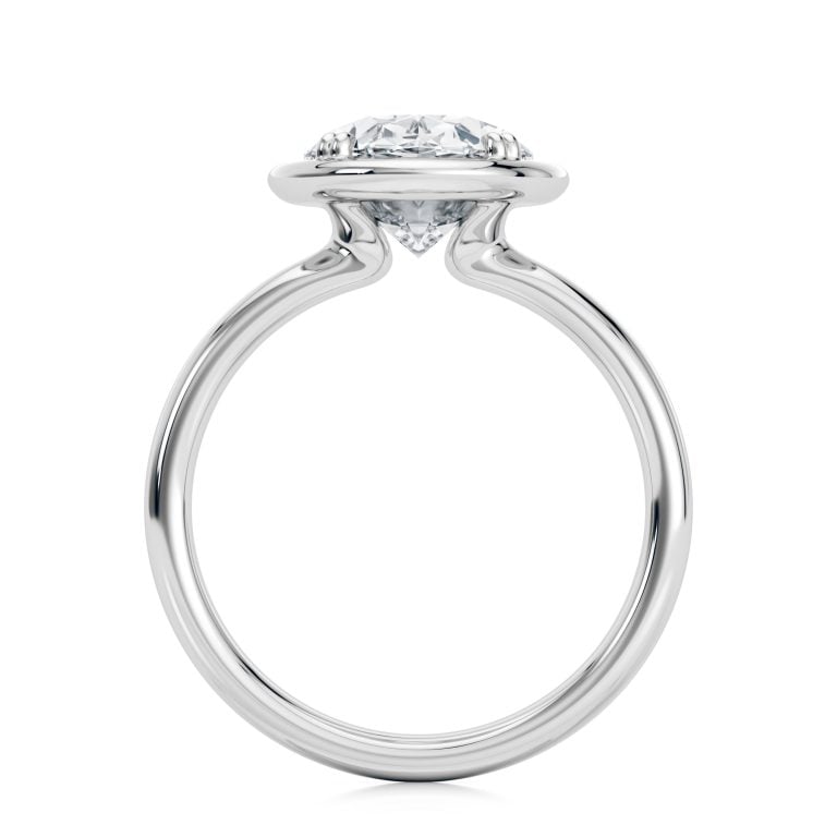 14k white gold bold hybrid bezel oval engagement ring with double claw prongs with oval shape diamond