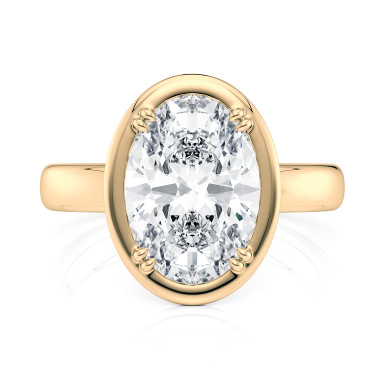 18k yellow gold bold hybrid bezel oval engagement ring with double claw prongs with oval shape diamond