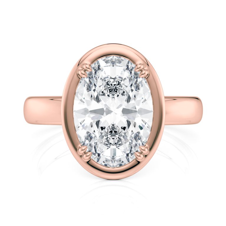 14k rose gold bold hybrid bezel oval engagement ring with double claw prongs with oval shape diamond