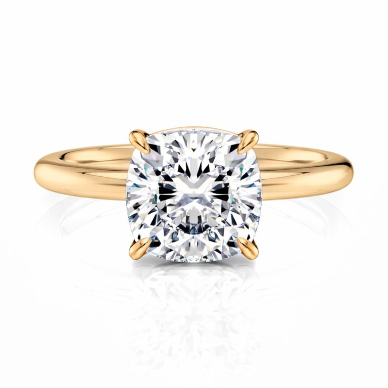 18k yellow gold floating basket cushion cut solitaire engagement ring with cushion shape diamond
