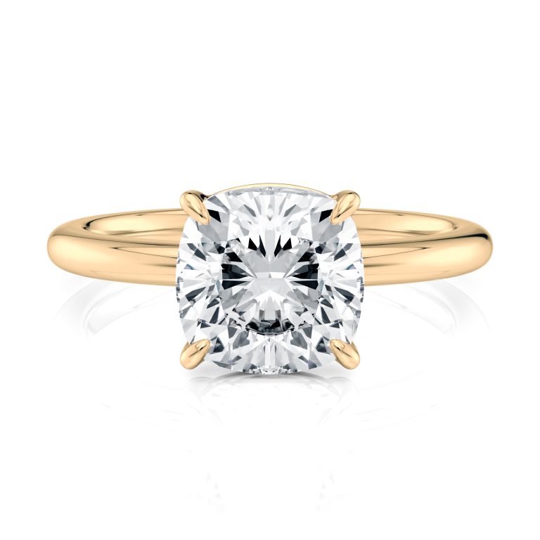 14k yellow gold floating basket cushion cut solitaire engagement ring with cushion shape diamond