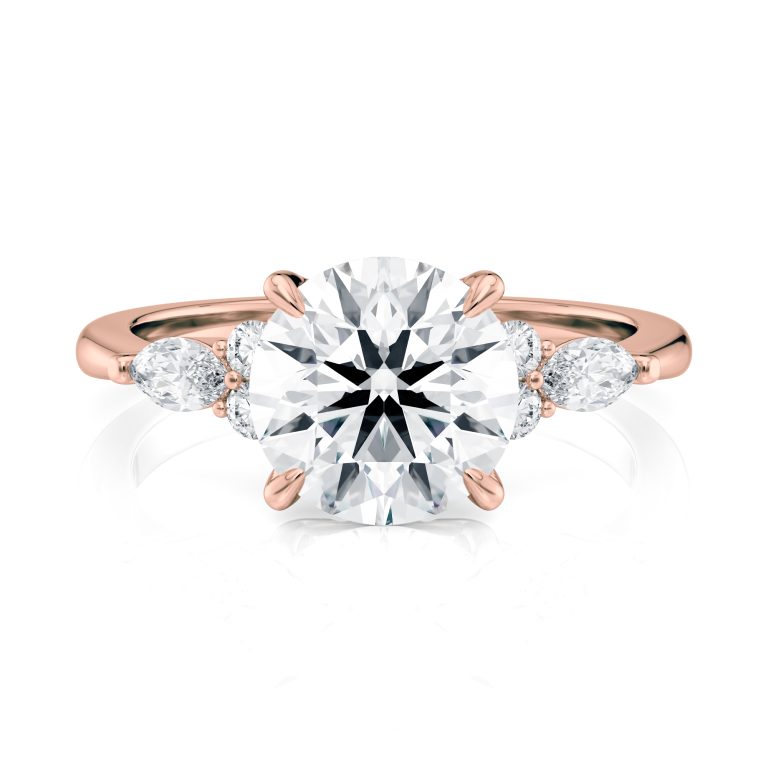 14k rose gold lab round center with marquise & round cluster engagement ring with round shape diamond