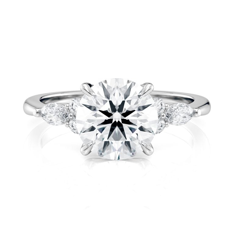 14k white gold lab round center with marquise & round cluster engagement ring with round shape diamond