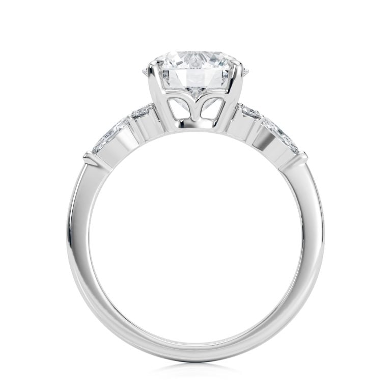 14k white gold lab round center with marquise & round cluster engagement ring with round shape diamond