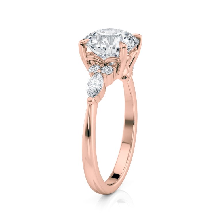 14k rose gold lab round center with marquise & round cluster engagement ring with round shape diamond