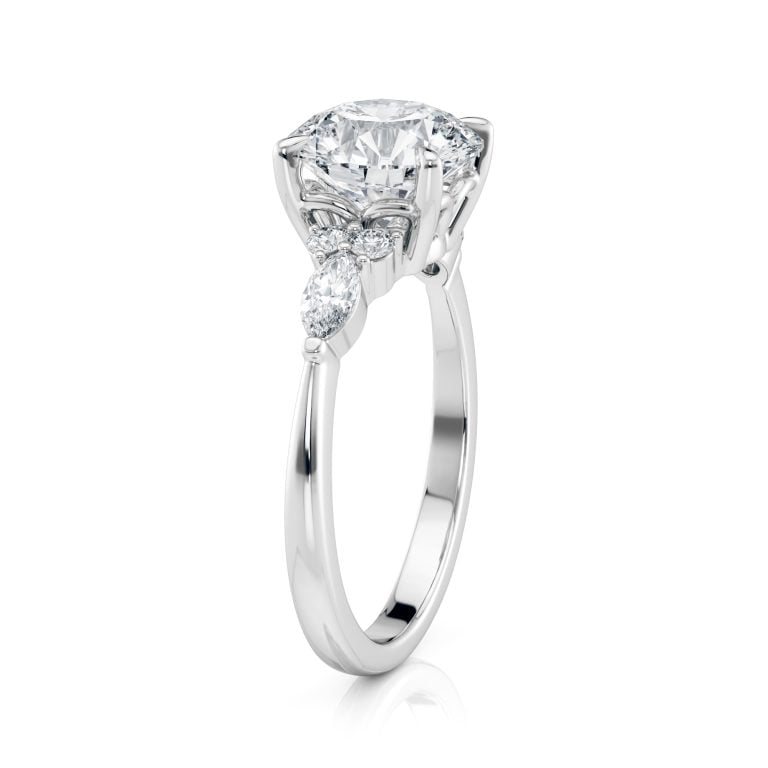 14k white gold lab round center with marquise & round cluster engagement ring with round shape diamond