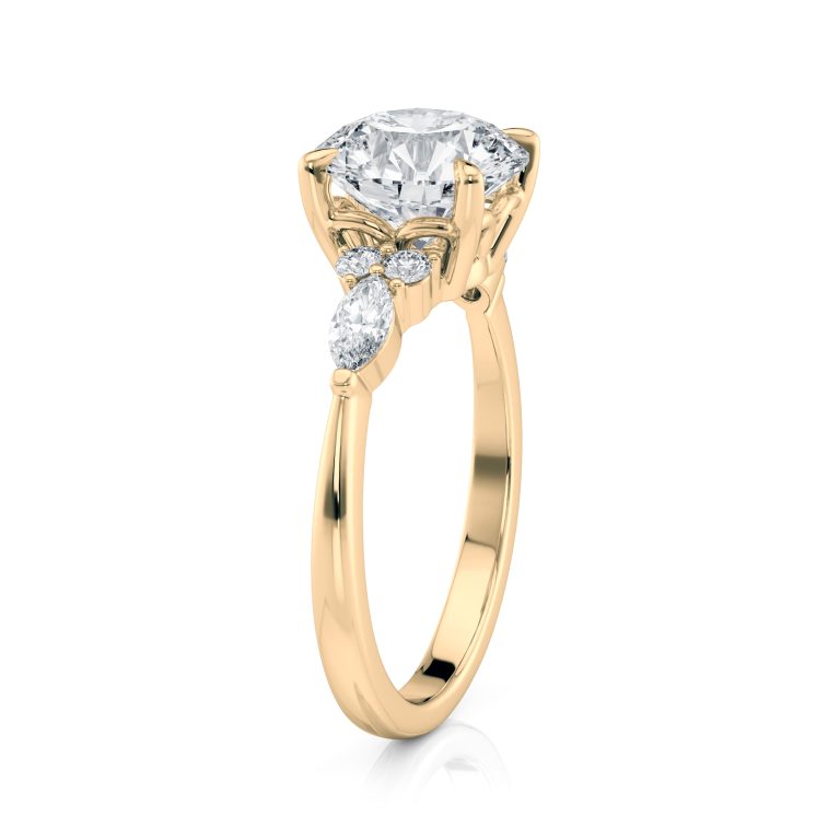 14k yellow gold lab round center with marquise & round cluster engagement ring with round shape diamond