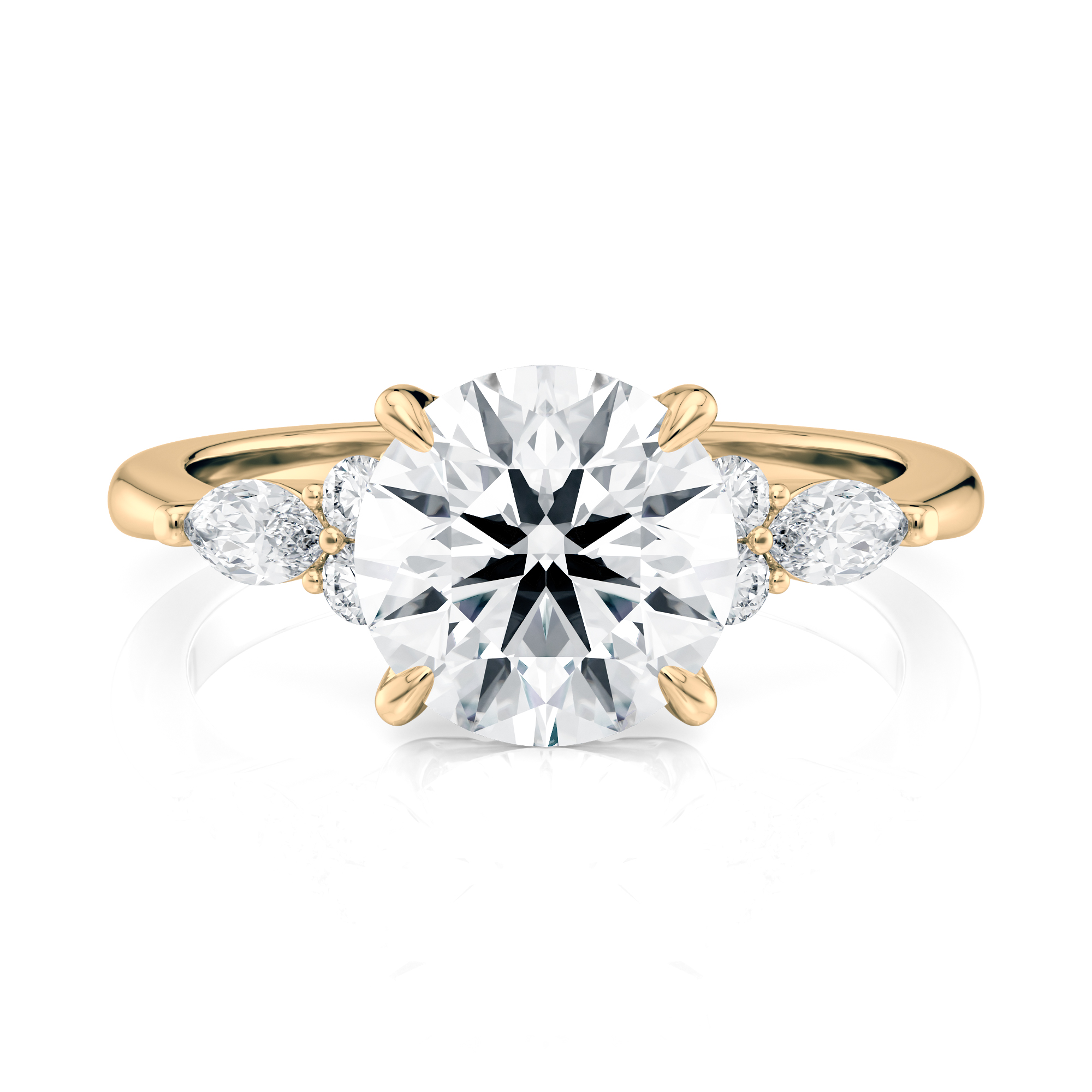 18K Yellow Gold Round Center With Marquise & Round Cluster Engagement Ring