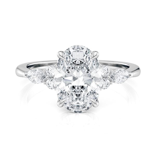 14K White Gold Oval Engagement Ring With Marquise & Round Cluster