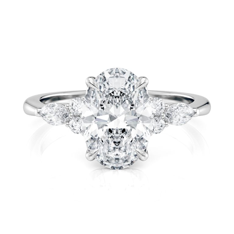 14k white gold lab oval engagement ring with marquise & round cluster with oval shape diamond