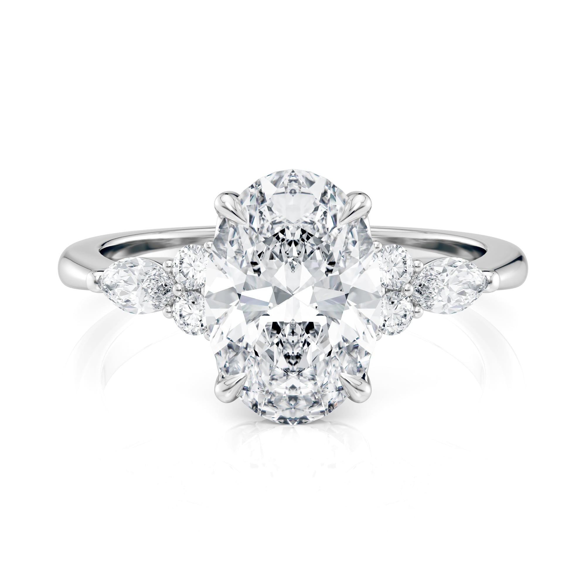 14K White Gold Oval Engagement Ring With Marquise & Round Cluster