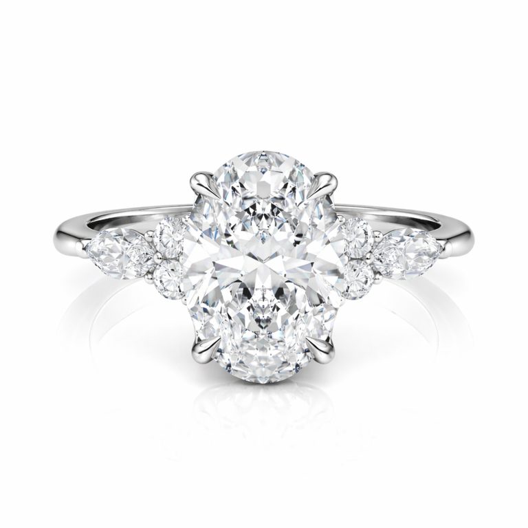 platinum lab oval engagement ring with marquise & round cluster with oval shape diamond