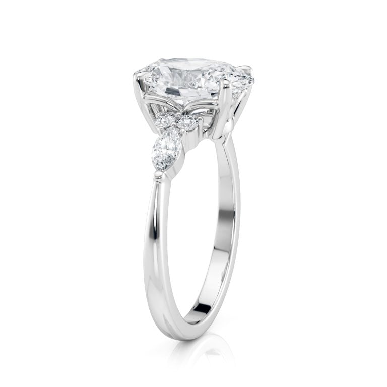 14k white gold lab oval engagement ring with marquise & round cluster with oval shape diamond