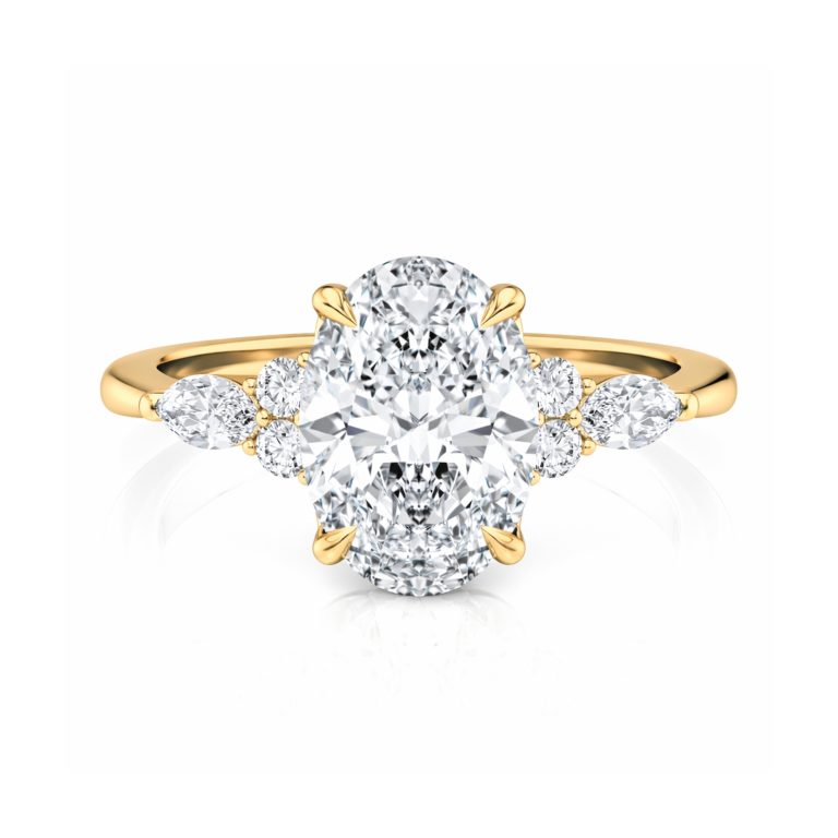 18k yellow gold lab oval engagement ring with marquise & round cluster with oval shape diamond
