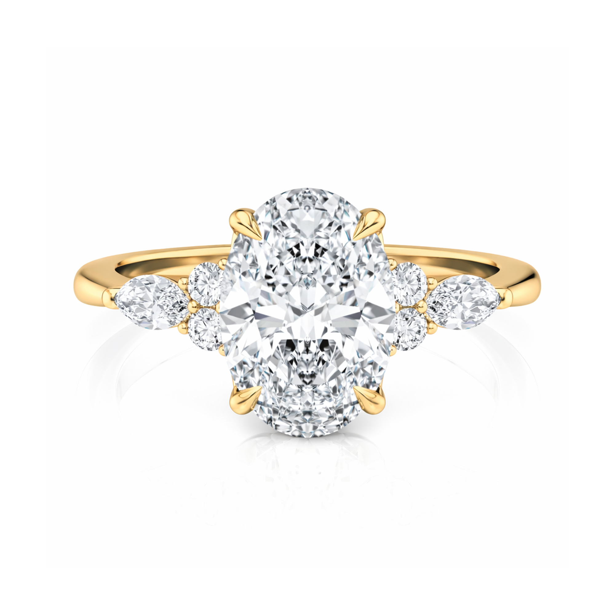 18K Yellow Gold Oval Engagement Ring With Marquise & Round Cluster