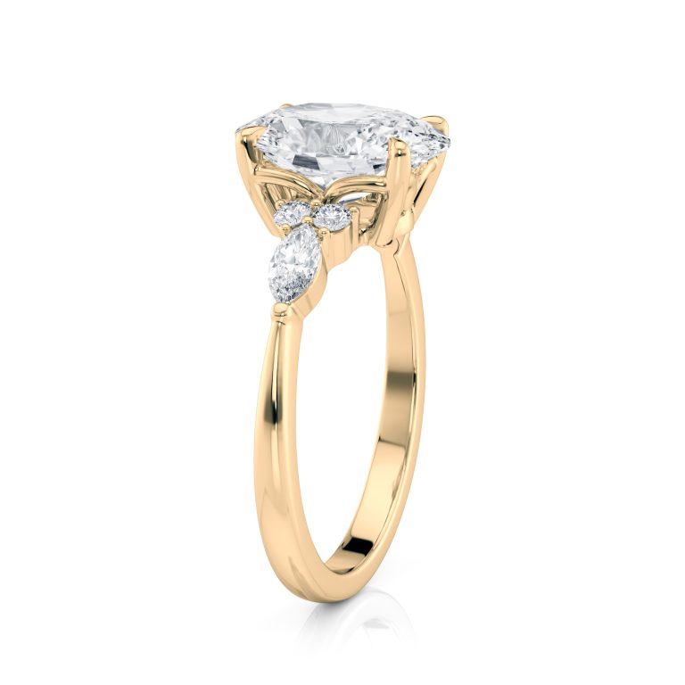 18k yellow gold lab oval engagement ring with marquise & round cluster with oval shape diamond