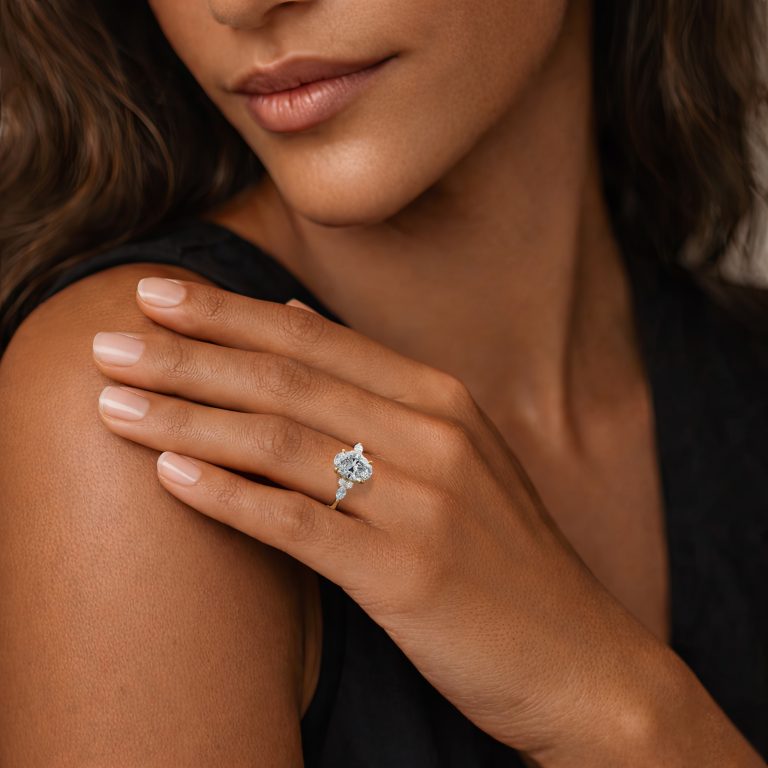 18k yellow gold lab oval engagement ring with marquise & round cluster with oval shape diamond