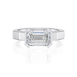 14K White Gold E.W. Geometric Half Bezel Emerald Solitaire Engagement Ring