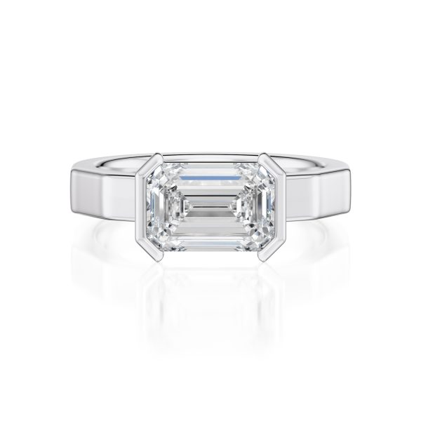 18K White Gold E.W. Geometric Half Bezel Emerald Solitaire Engagement Ring