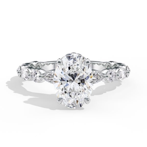 18K White Gold Hidden Halo With Alternating Marquise & Round Diamonds Engagement Ring