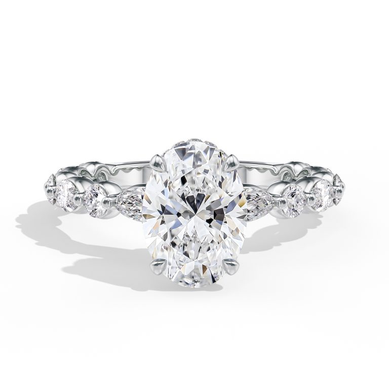 18k white gold hidden halo with alternating marquise & round diamonds engagement ring with oval shape diamond
