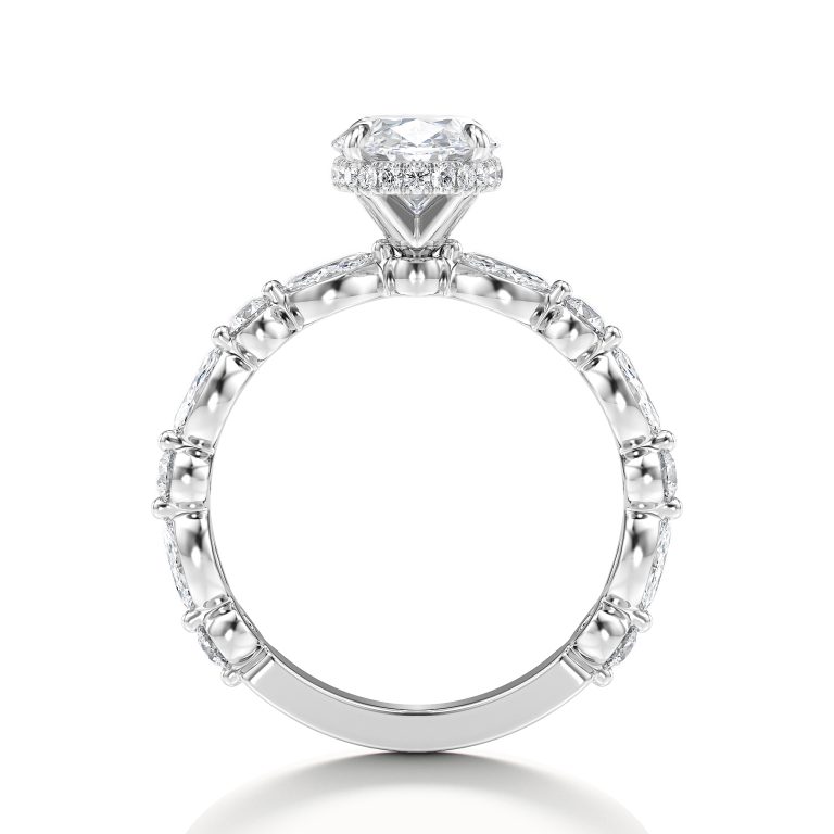 18k white gold hidden halo with alternating marquise & round diamonds engagement ring with oval shape diamond