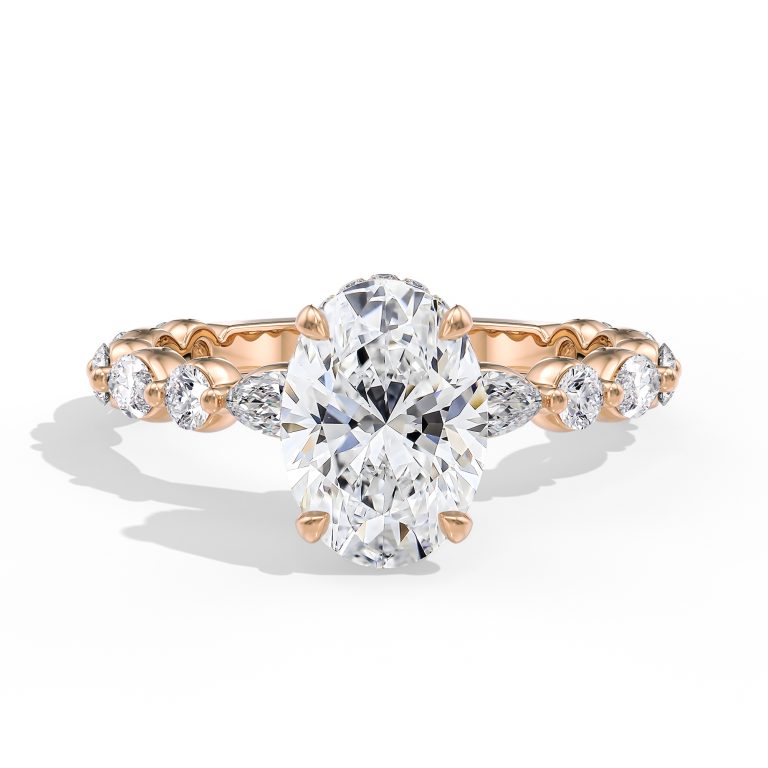 14k rose gold hidden halo with alternating marquise & round diamonds engagement ring with oval shape diamond