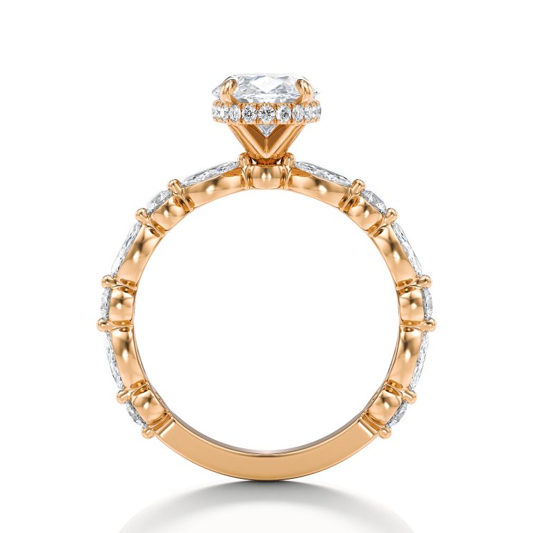 14k rose gold hidden halo with alternating marquise & round diamonds engagement ring with oval shape diamond