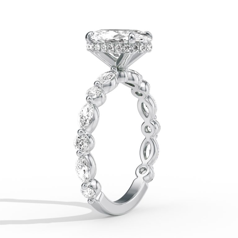 18k white gold hidden halo with alternating marquise & round diamonds engagement ring with oval shape diamond