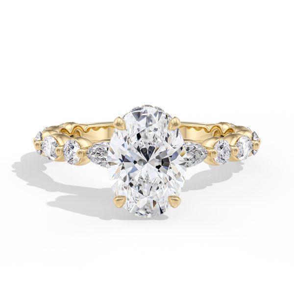 18K Yellow Gold Hidden Halo With Alternating Marquise & Round Diamonds Engagement Ring