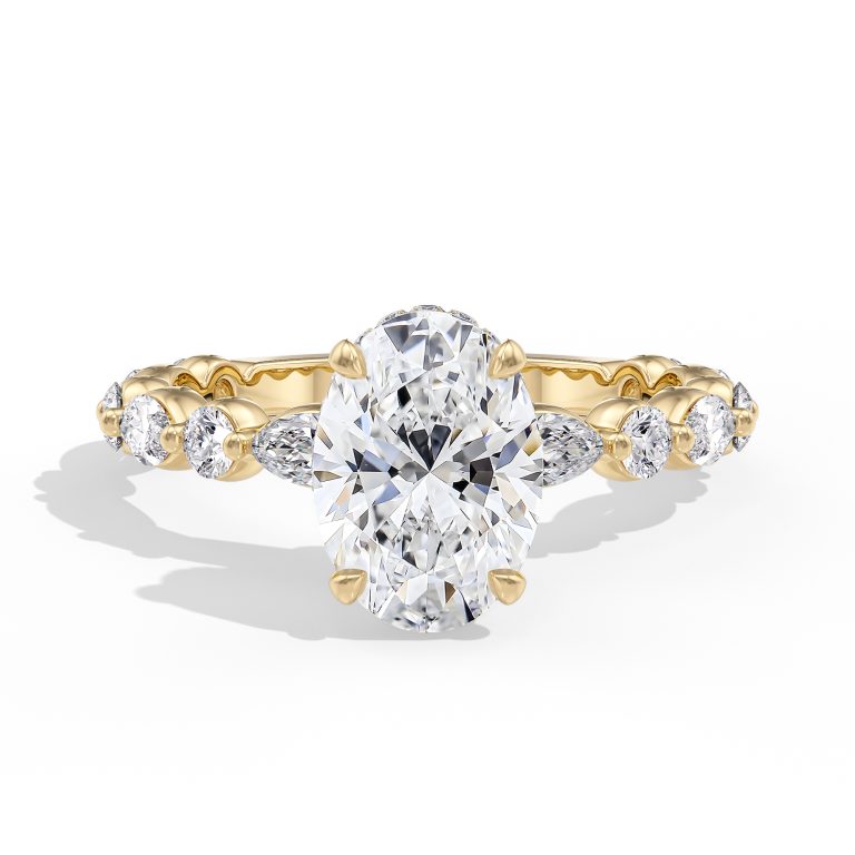 18k yellow gold hidden halo with alternating marquise & round diamonds engagement ring with oval shape diamond