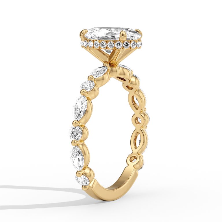 18k yellow gold hidden halo with alternating marquise & round diamonds engagement ring with oval shape diamond