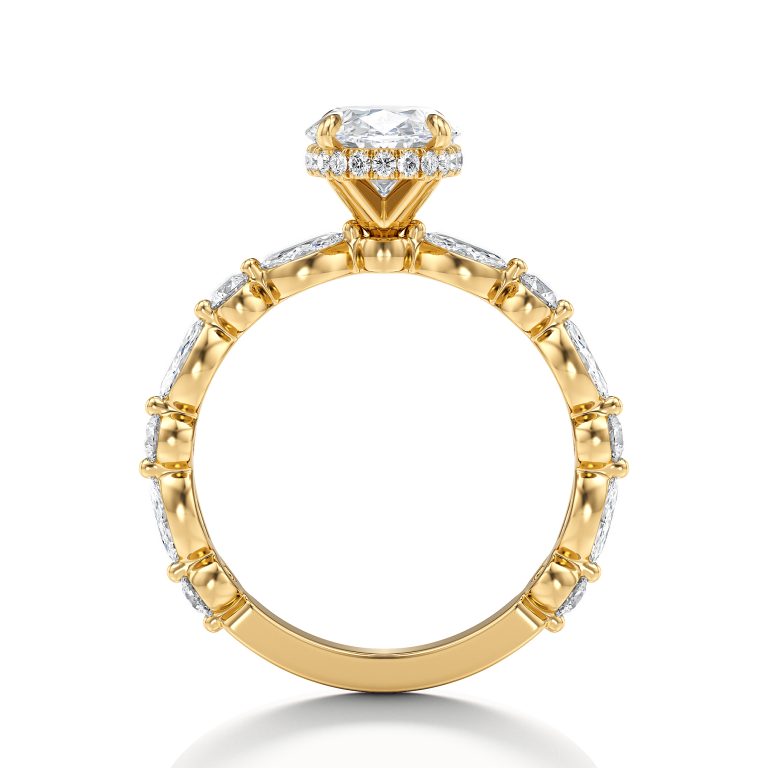 18k yellow gold hidden halo with alternating marquise & round diamonds engagement ring with oval shape diamond