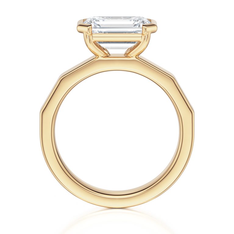 14k yellow gold e.w. geometric half bezel emerald solitaire engagement ring with emerald shape diamond