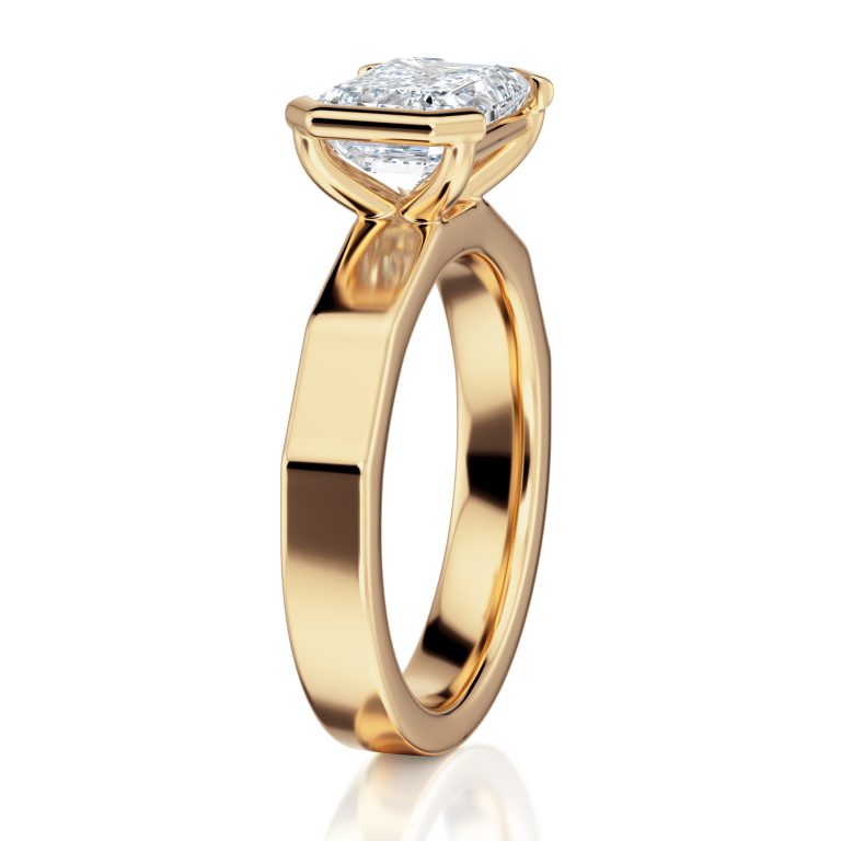 14k yellow gold e.w. geometric half bezel emerald solitaire engagement ring with emerald shape diamond