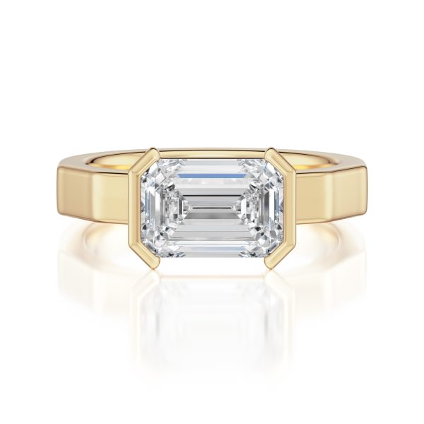 14K Yellow Gold E.W. Geometric Half Bezel Emerald Solitaire Engagement Ring